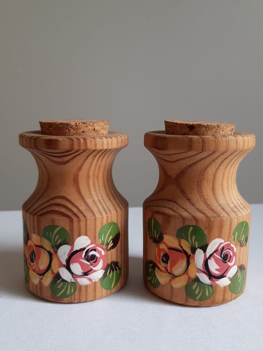 Hand-Painted Wooden Jars - Floral Design, Natural Wood (set of 2)